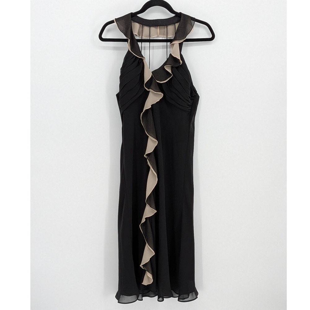 SL Fashions $99 Size 14 Black Beige Ruffle Halter Chiffon LBD Cocktail Dress